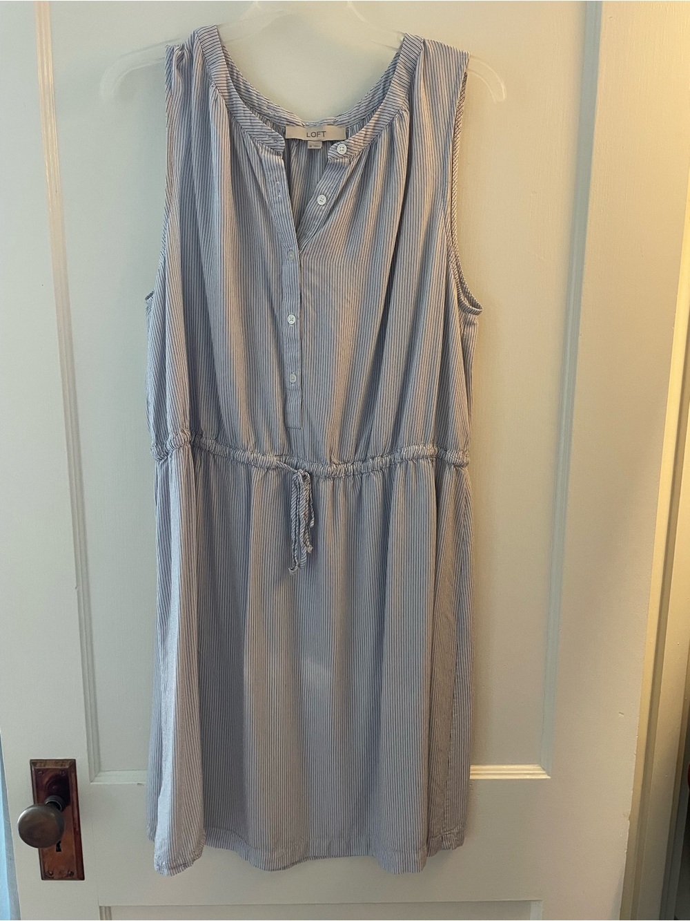 LOFT Blue & White Pinstripe Sleeveless Drawstring Midi Dress